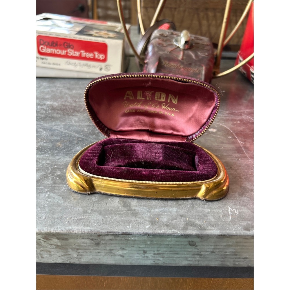 Vtg 1950s Alton Watch Box Case Zipper Velvet Purple Burgundy Noble USA‎ Art Deco